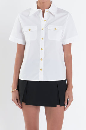 Poplin Short Sleeve Shirt with Gold Buttons