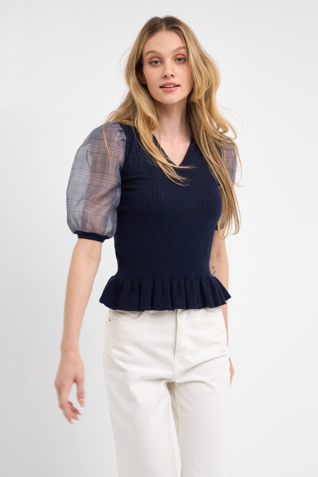 Knit Top with Sheer Puff Sleeves