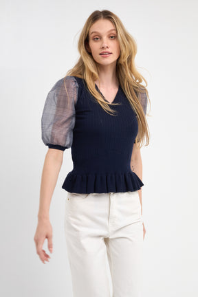 Knit Top with Sheer Puff Sleeves