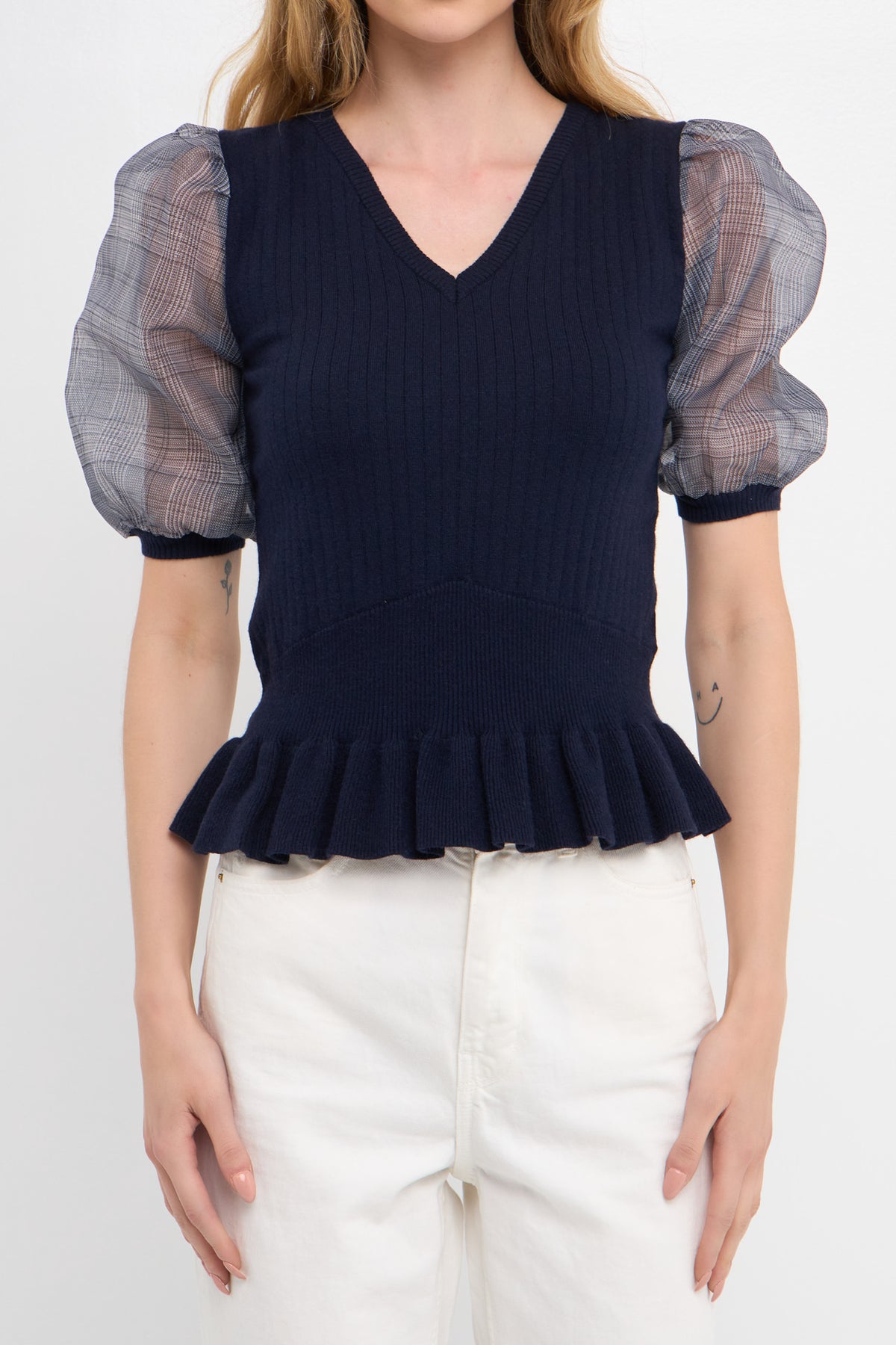 Knit Top with Sheer Puff Sleeves