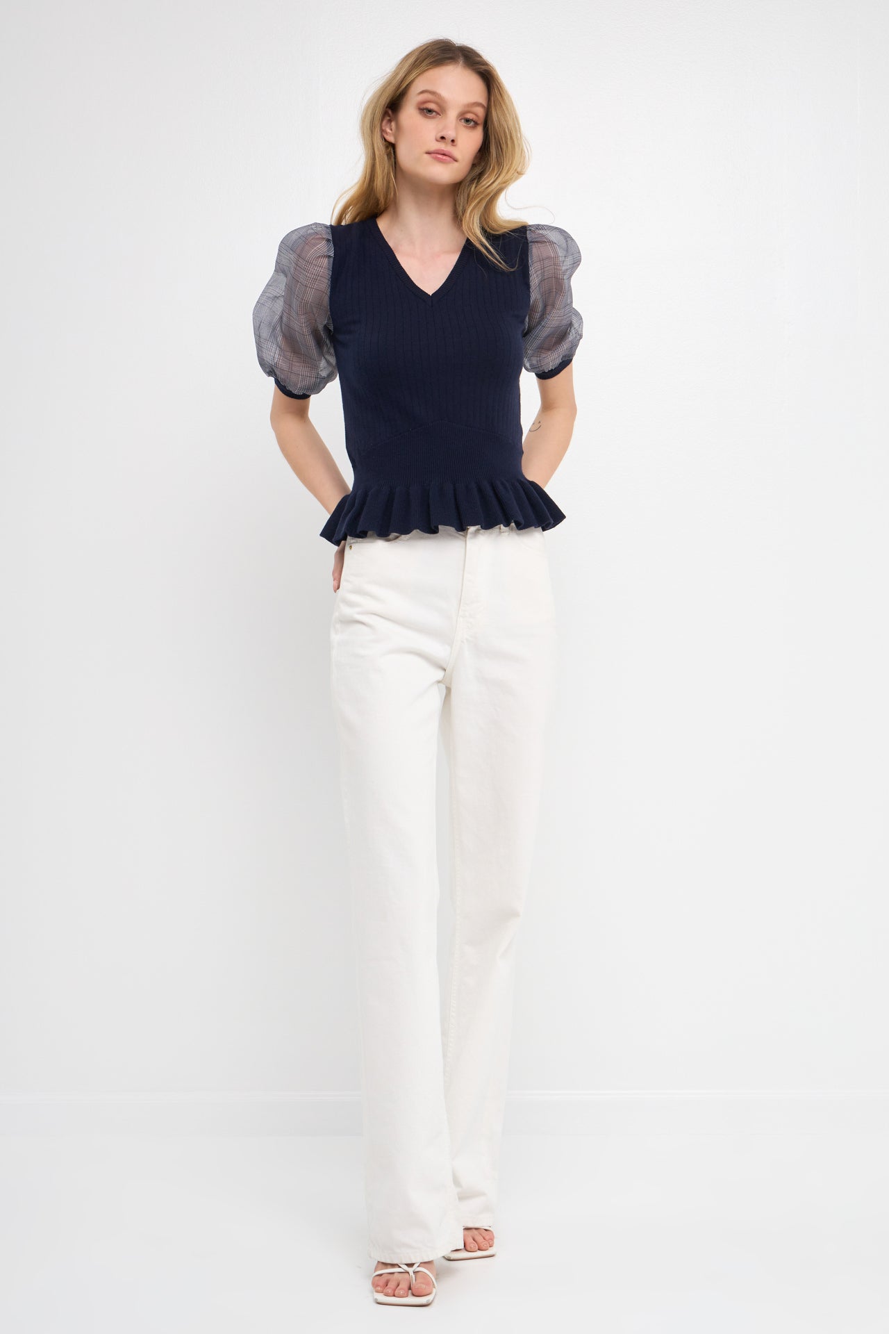 Knit Top with Sheer Puff Sleeves
