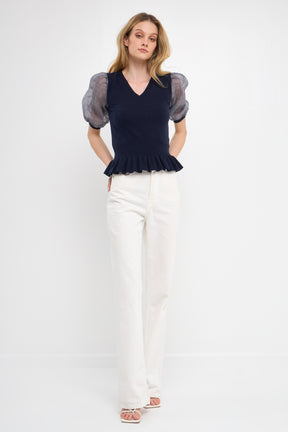Knit Top with Sheer Puff Sleeves