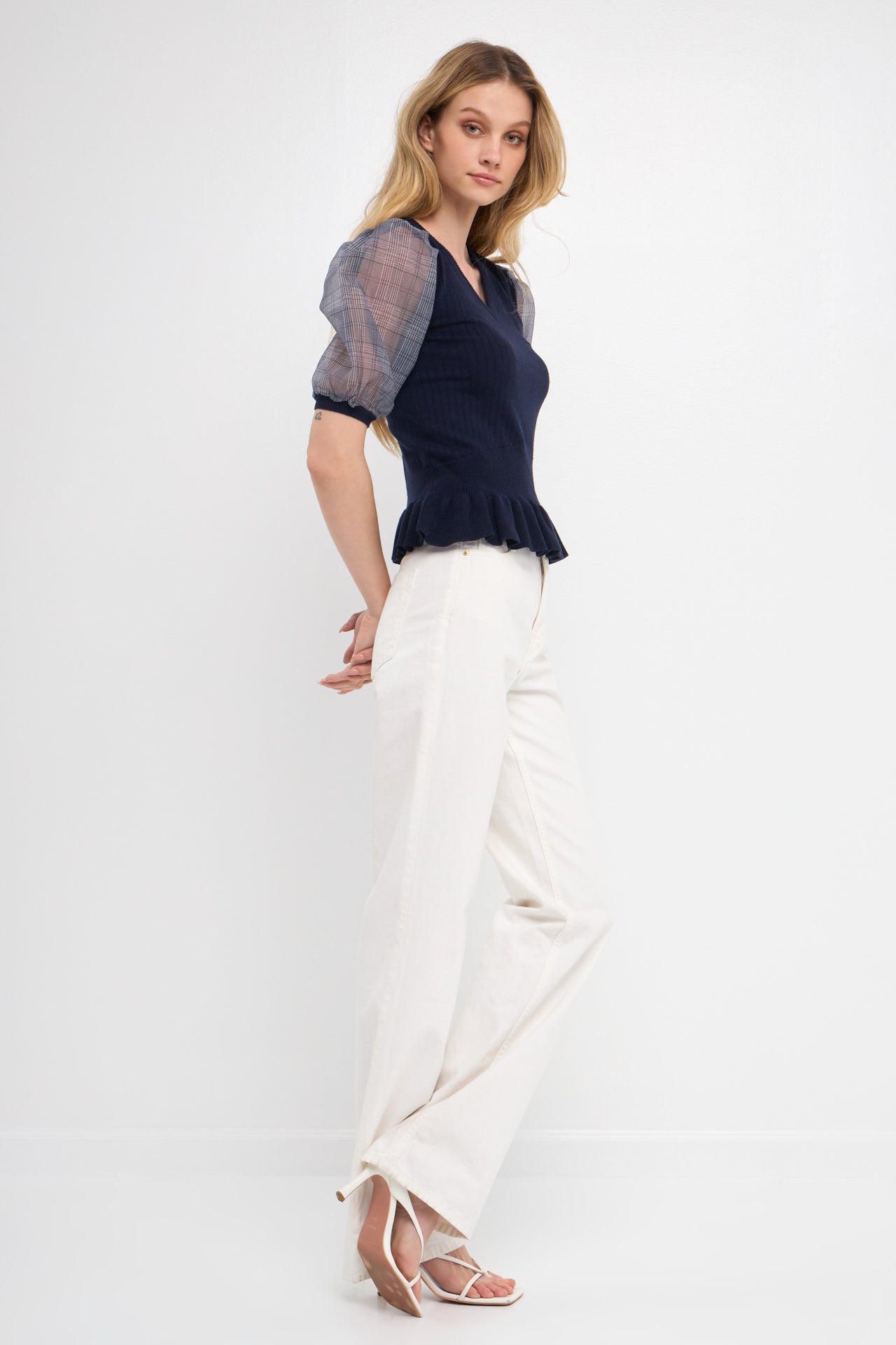 Knit Top with Sheer Puff Sleeves