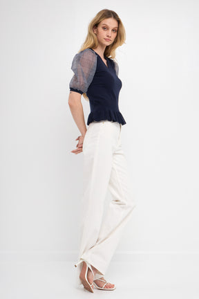 Knit Top with Sheer Puff Sleeves