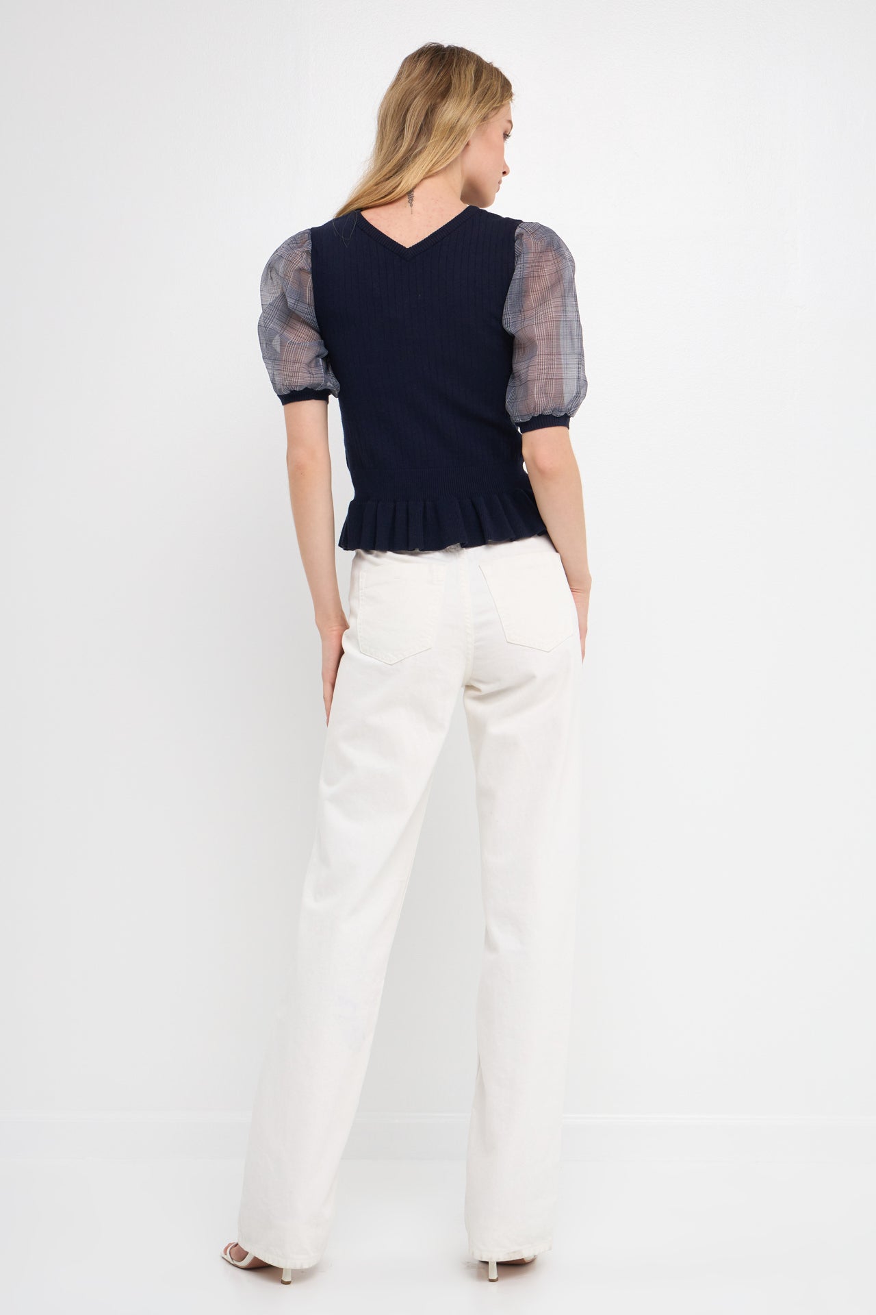 Knit Top with Sheer Puff Sleeves