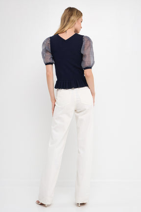 Knit Top with Sheer Puff Sleeves