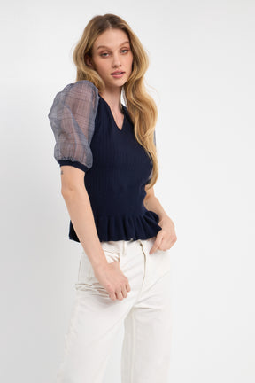 Knit Top with Sheer Puff Sleeves