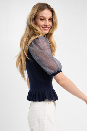 Knit Top with Sheer Puff Sleeves