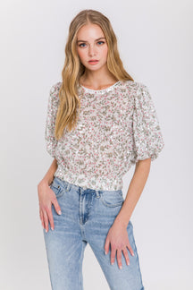 ENGLISH FACTORY - English Factory - Sequins Print Puff Sleeve Top - TOPS available at Objectrare