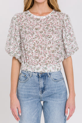 ENGLISH FACTORY - English Factory - Sequins Print Puff Sleeve Top - TOPS available at Objectrare