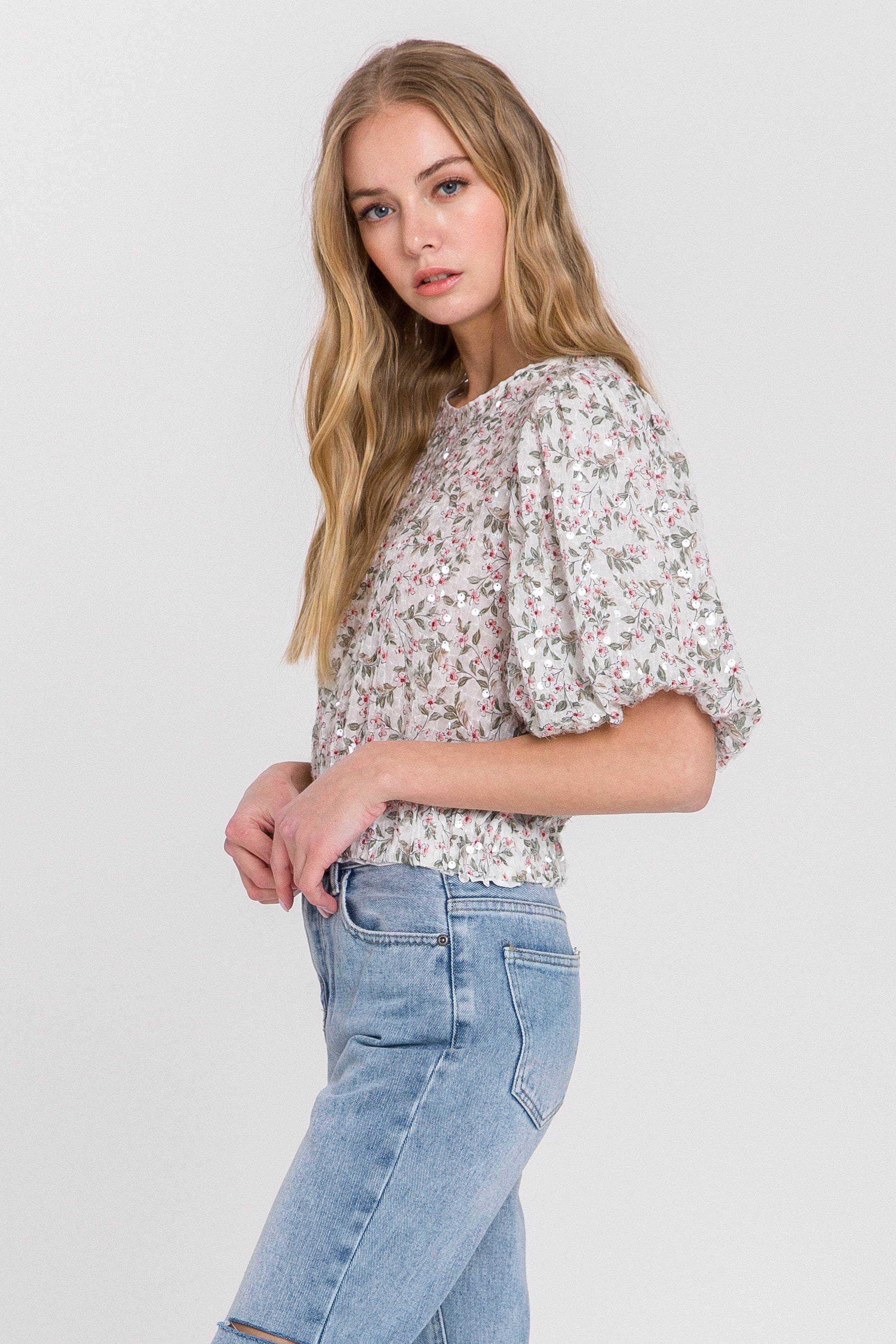 ENGLISH FACTORY - English Factory - Sequins Print Puff Sleeve Top - TOPS available at Objectrare