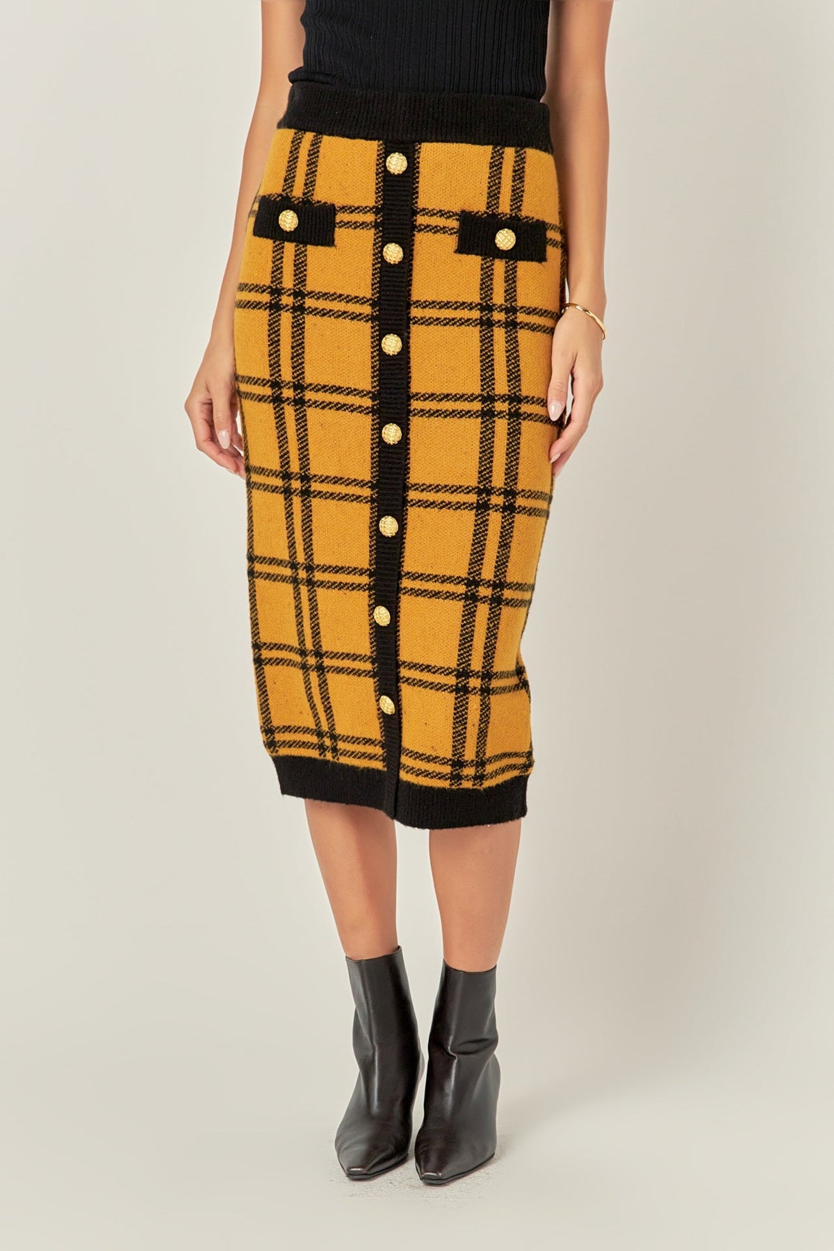Knit Check Plaid Midi Skirt