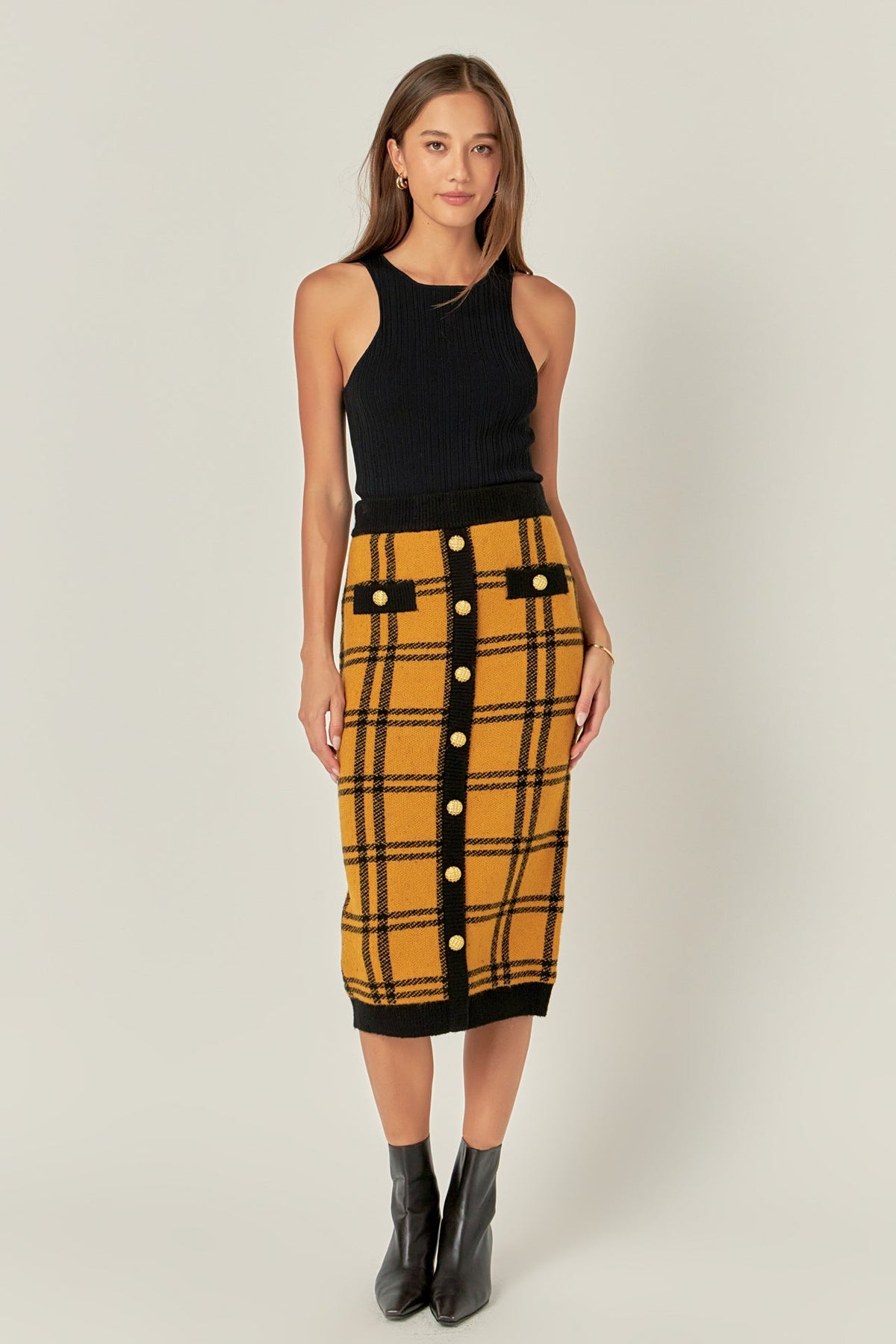 Knit Check Plaid Midi Skirt
