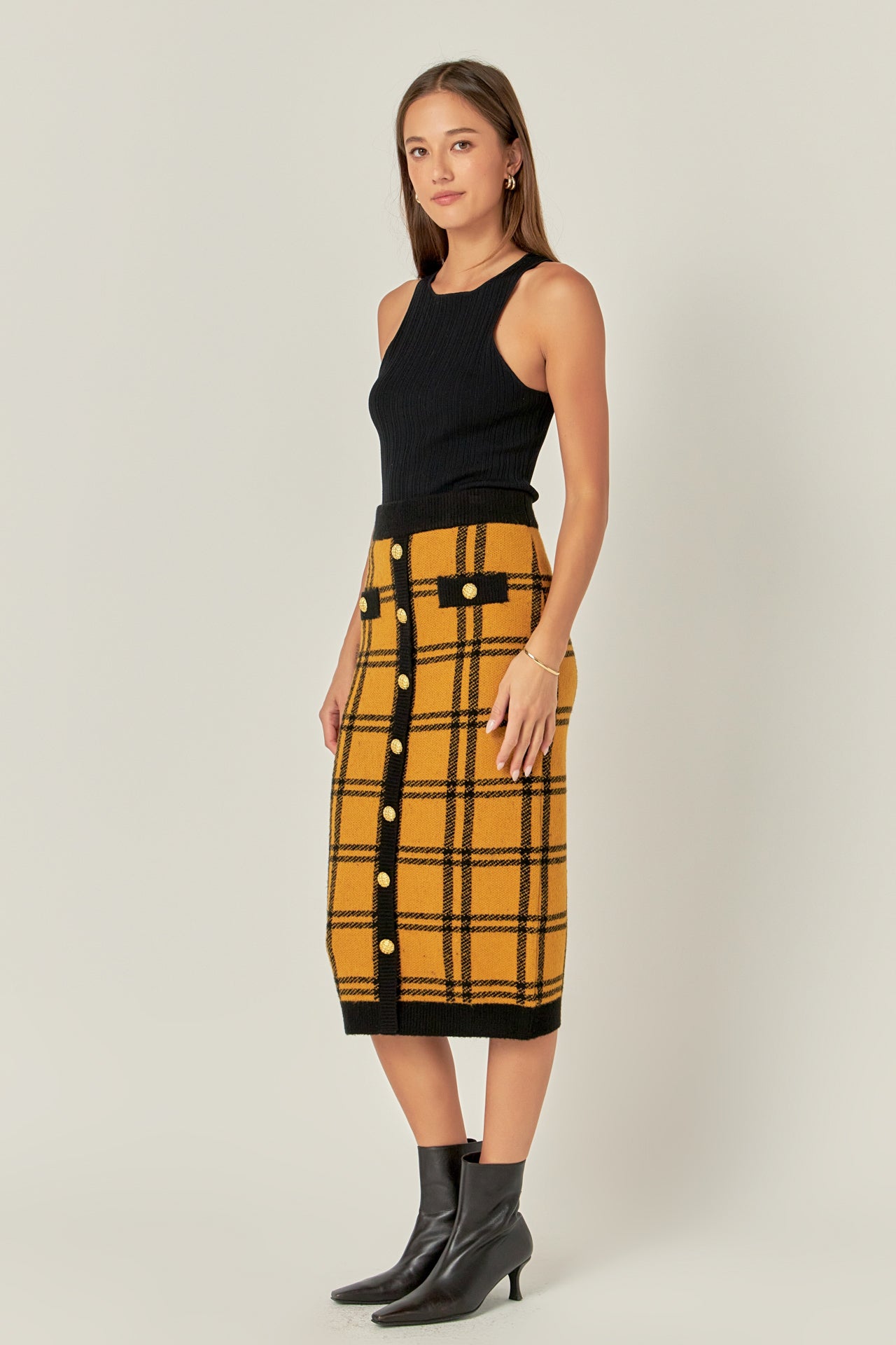 ENGLISH FACTORY - Knit Check Plaid Midi Skirt - SKIRTS available at Objectrare