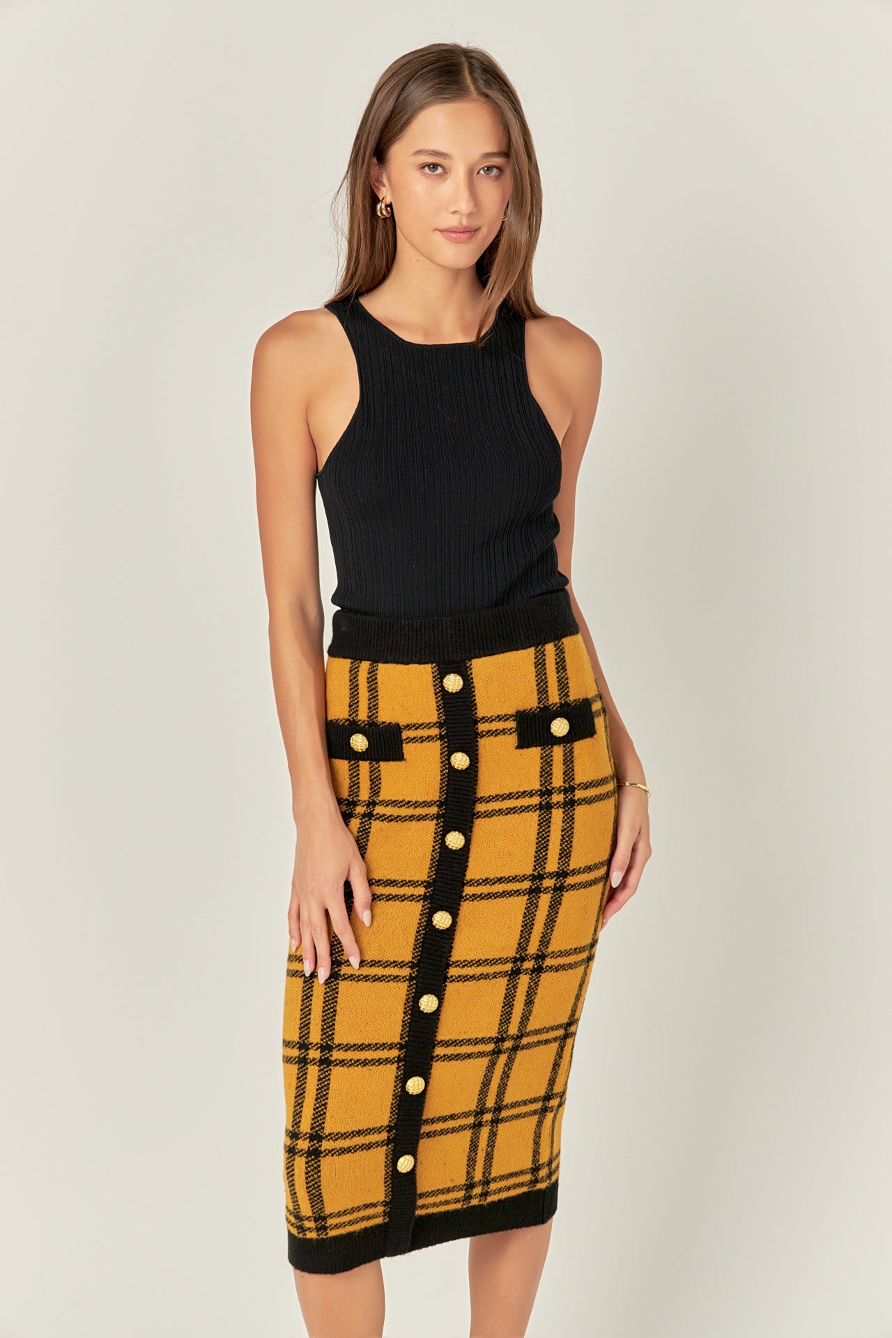 ENGLISH FACTORY - Knit Check Plaid Midi Skirt - SKIRTS available at Objectrare