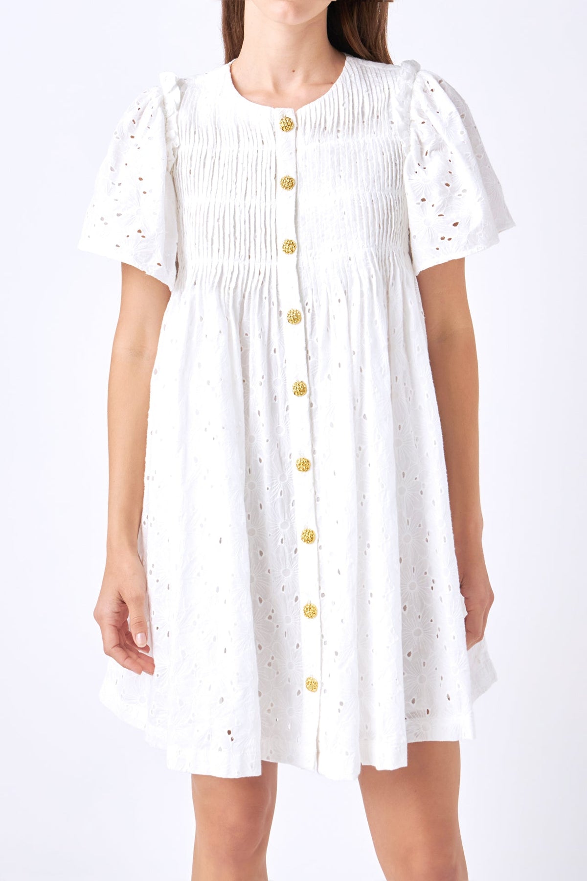 ENGLISH FACTORY - Pleated Eyelet Mini Dress - DRESSES available at Objectrare