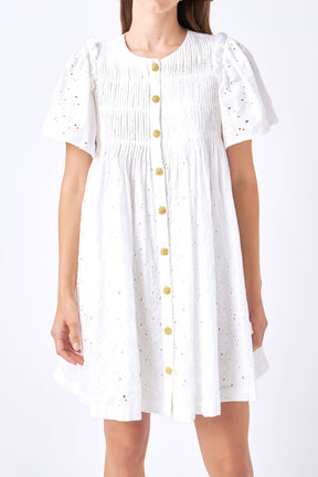 ENGLISH FACTORY - Pleated Eyelet Mini Dress - DRESSES available at Objectrare