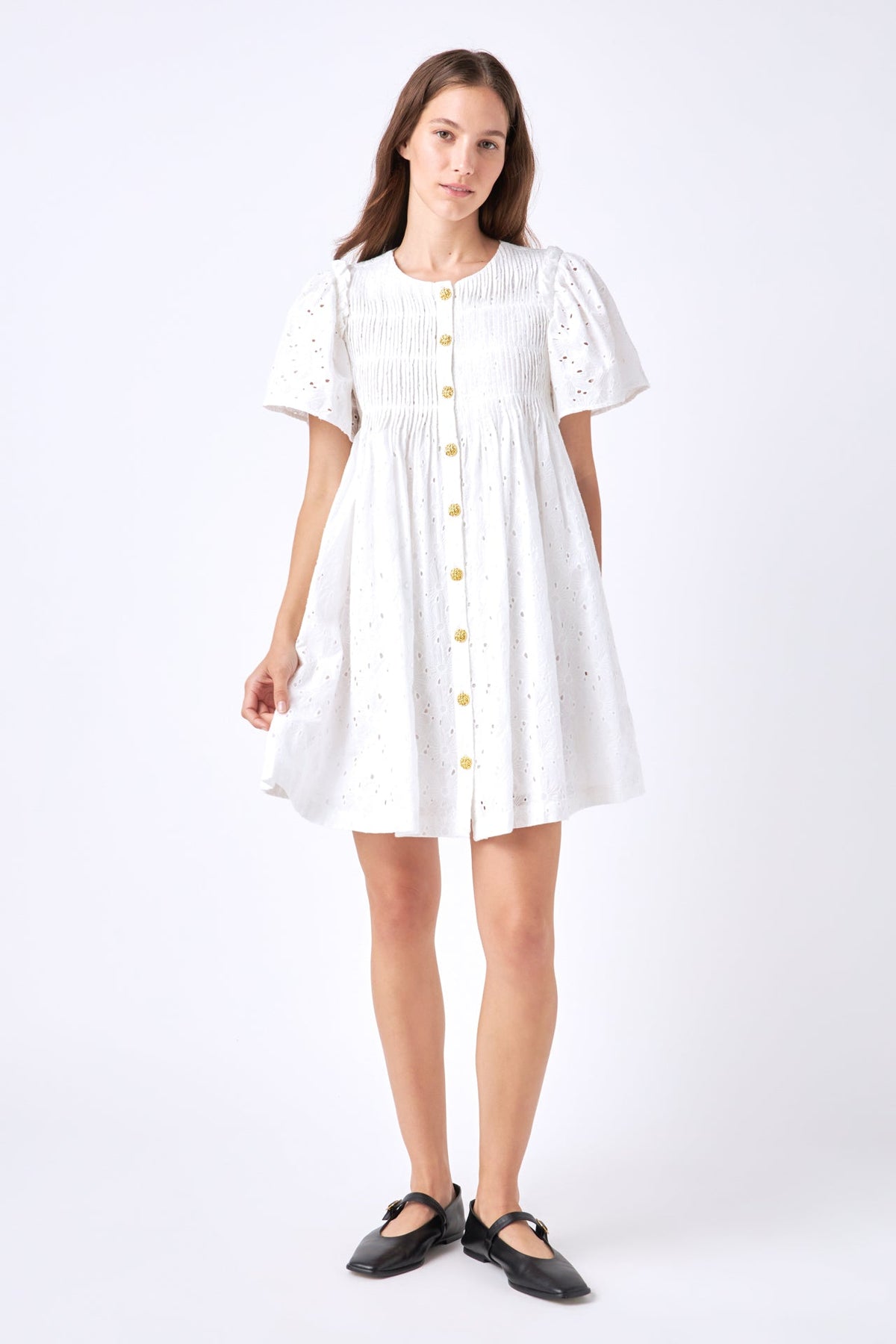 ENGLISH FACTORY - Pleated Eyelet Mini Dress - DRESSES available at Objectrare