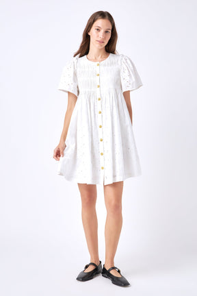ENGLISH FACTORY - Pleated Eyelet Mini Dress - DRESSES available at Objectrare