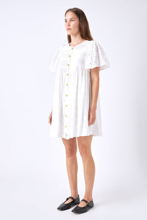ENGLISH FACTORY - Pleated Eyelet Mini Dress - DRESSES available at Objectrare