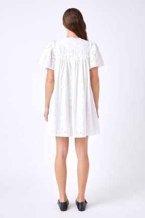 ENGLISH FACTORY - Pleated Eyelet Mini Dress - DRESSES available at Objectrare