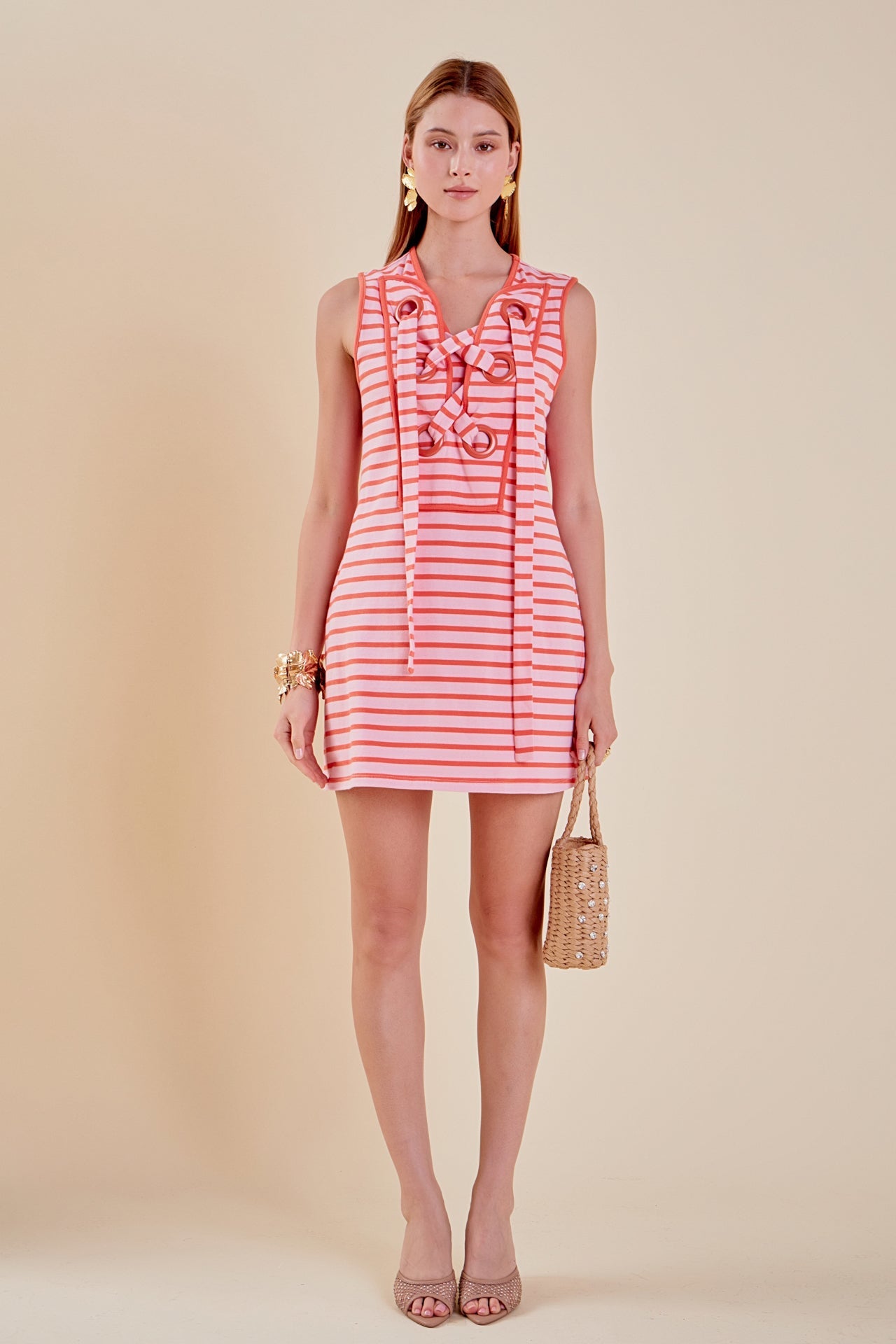 English Factory - Striped Knit Lace Up Dress PINK/ORANGE / L English Factory - Striped Knit Lace Up Dress PINK/ORANGE / L