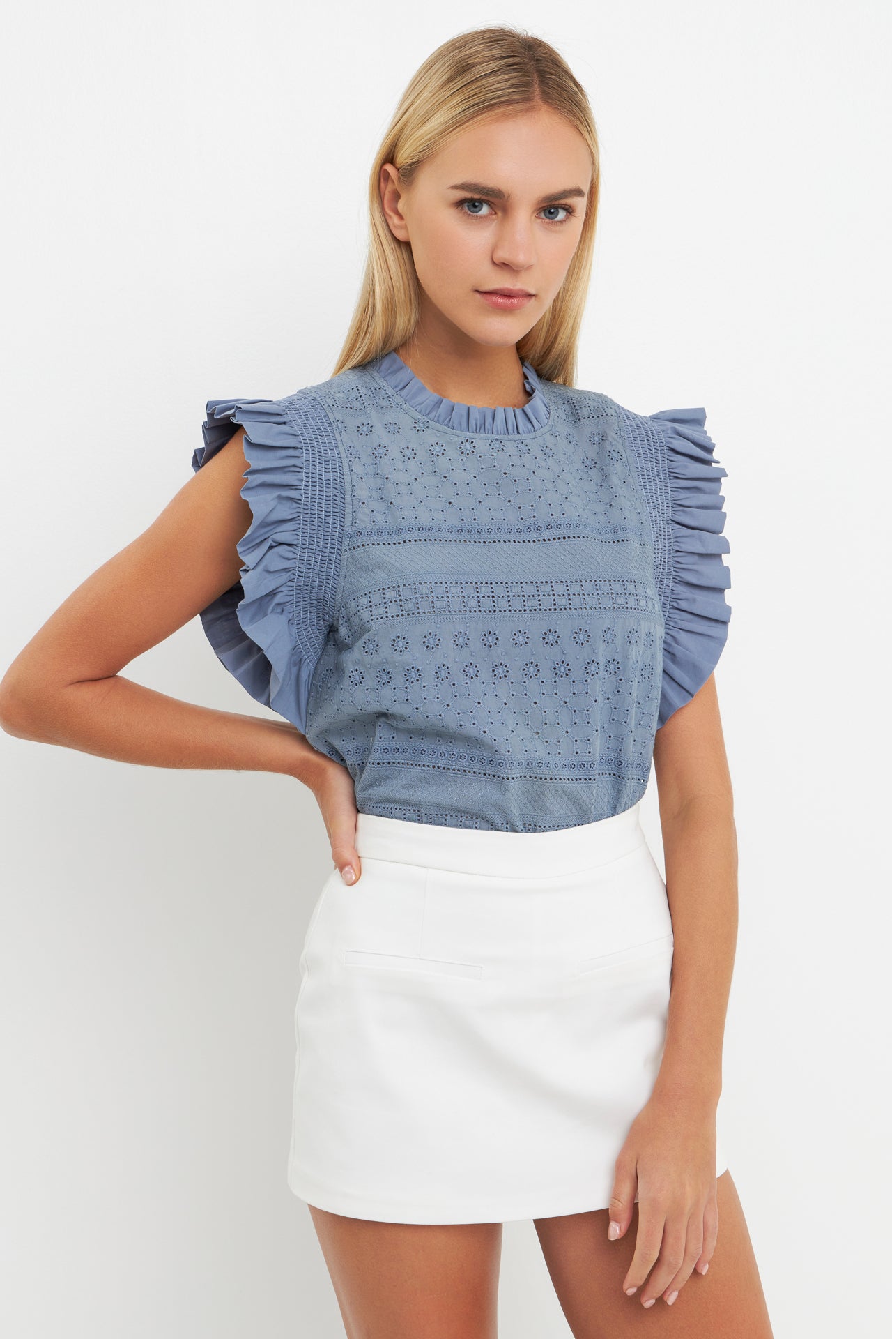 ENGLISH FACTORY - English Factory - Ruffle Sleeve Embroidered Cotton Top - TOPS available at Objectrare