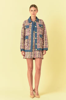 Endless Rose Women's Tweed & Denim Combo Jacket - Pink Multi Endless Rose Women's Tweed & Denim Combo Jacket - Pink Multi