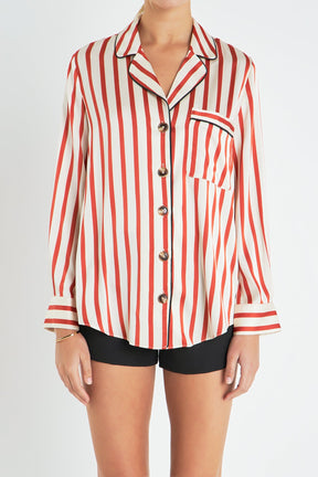 ENGLISH FACTORY - Striped Satin Shirt with Piping - BLOUSES available at Objectrare