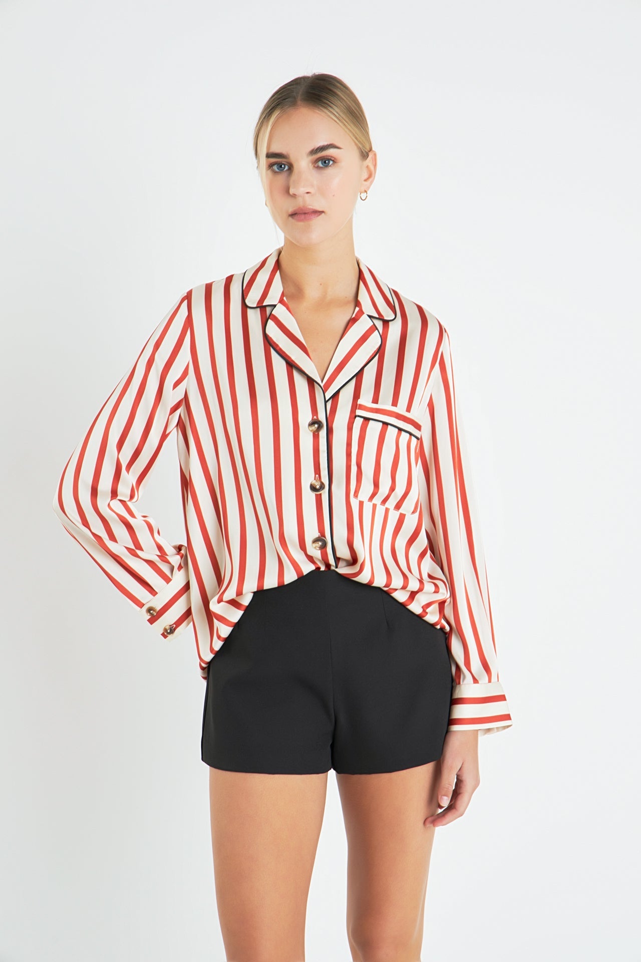 ENGLISH FACTORY - Striped Satin Shirt with Piping - BLOUSES available at Objectrare