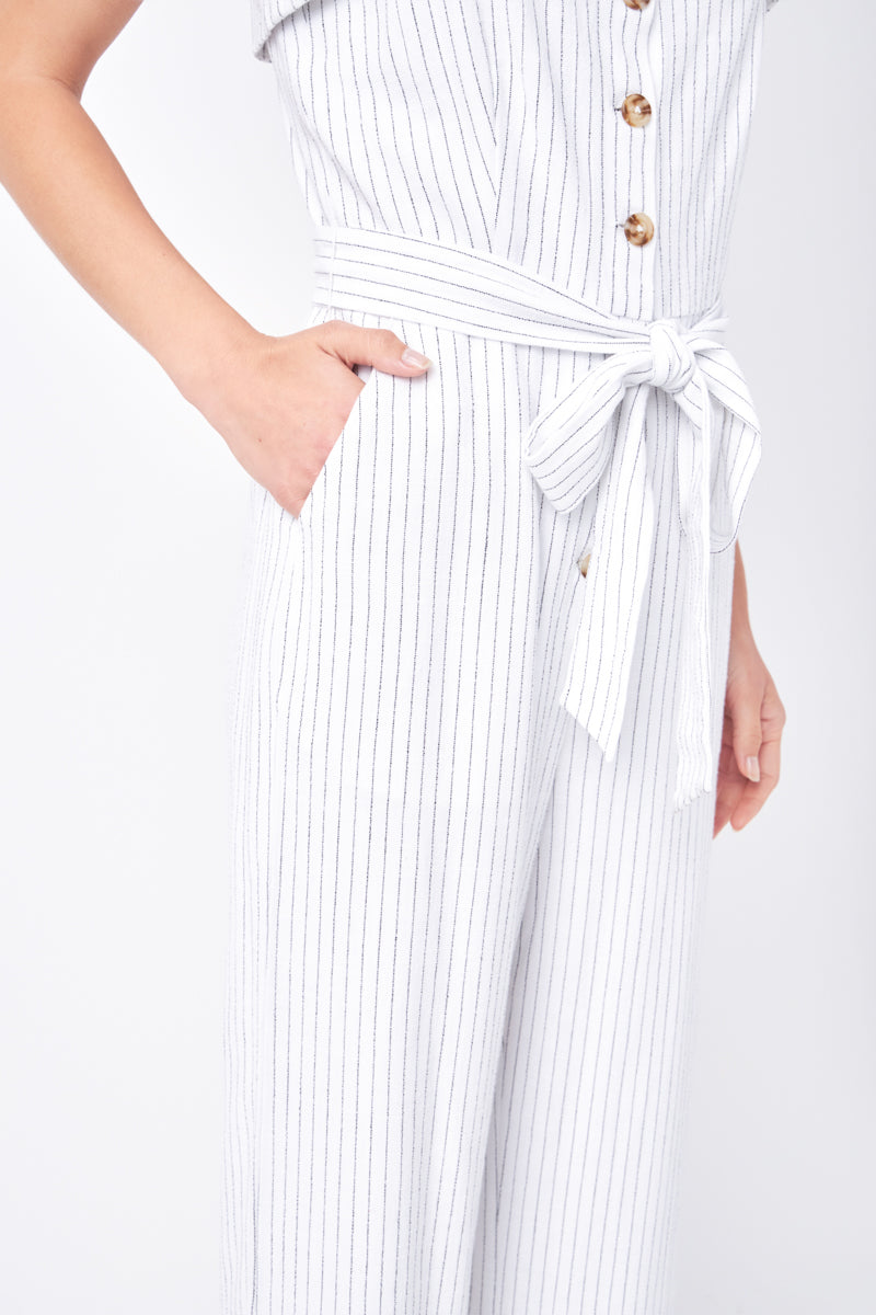 Striped Linen Jumpsuit with Wooden Buttons
