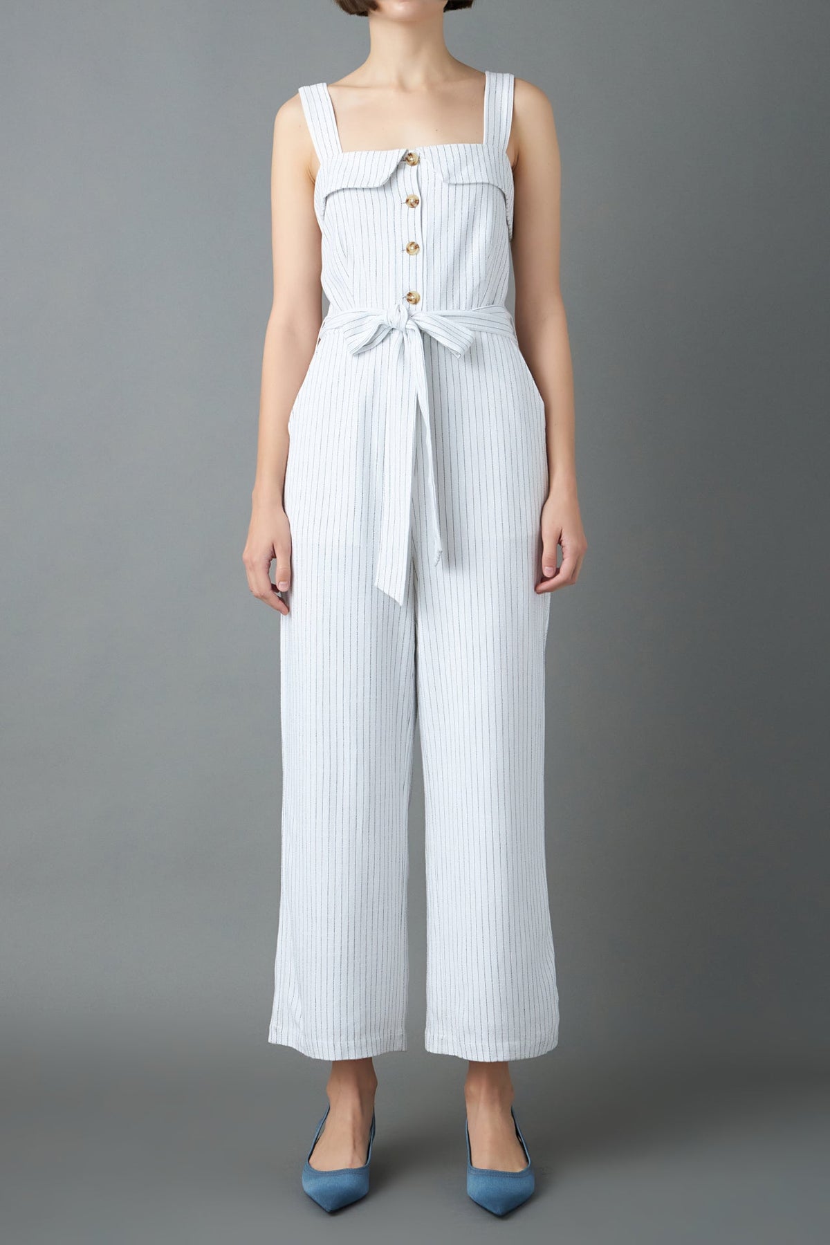 ENGLISH FACTORY - Striped Linen Jumpsuit with Wooden Buttons - JUMPSUITS available at Objectrare