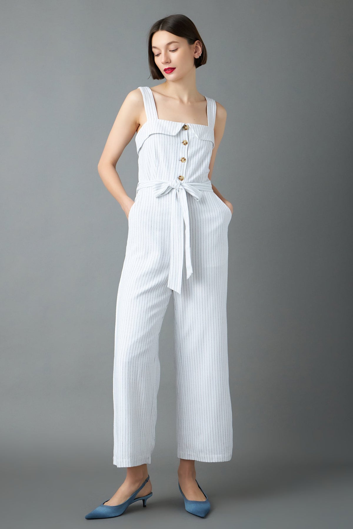 ENGLISH FACTORY - Striped Linen Jumpsuit with Wooden Buttons - JUMPSUITS available at Objectrare