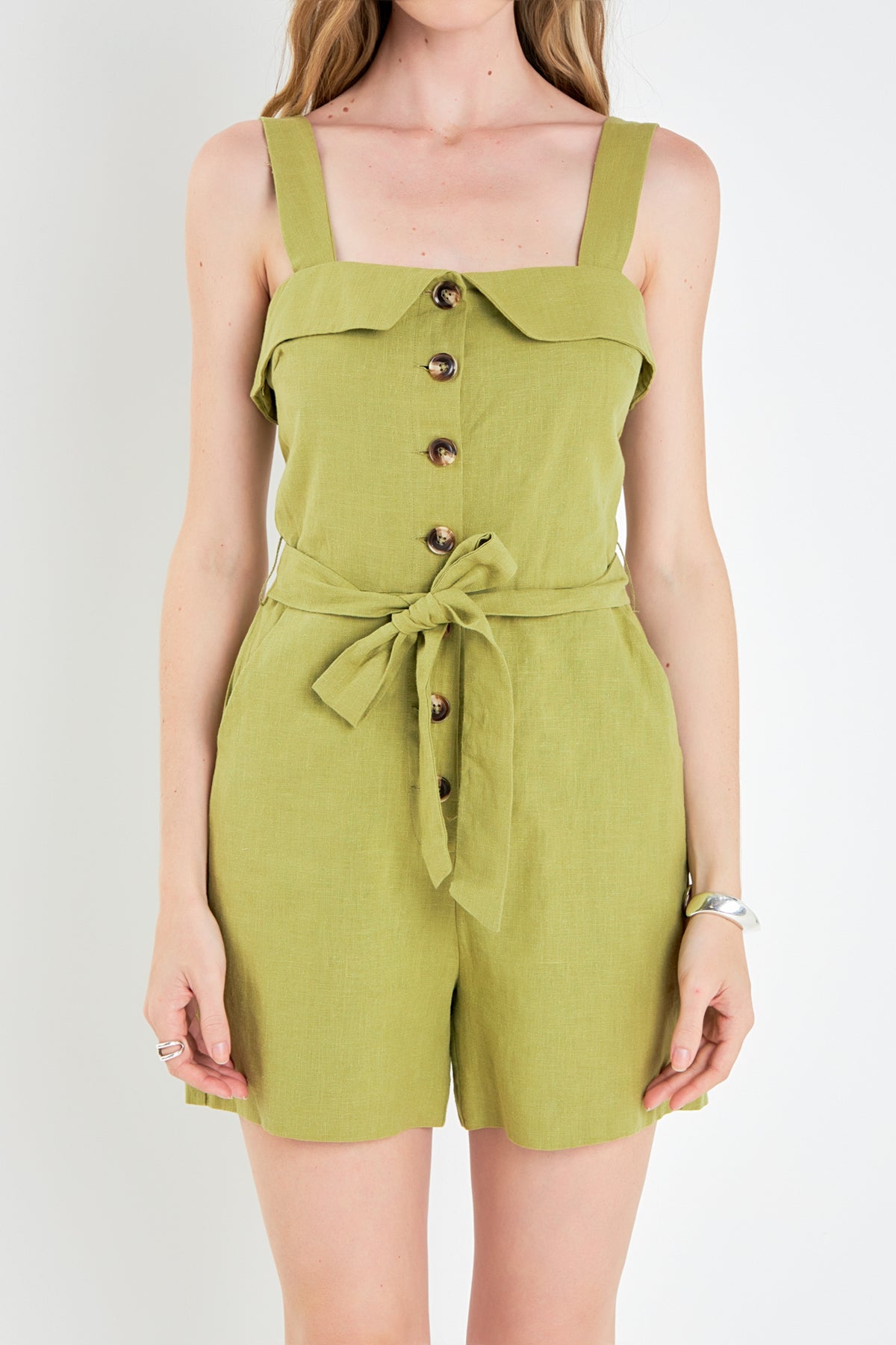 ENGLISH FACTORY - Linen Romper with Self Tie and Buttons - ROMPERS available at Objectrare