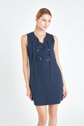 ENGLISH FACTORY - Linen Lace Up Front Dress - DRESSES available at Objectrare