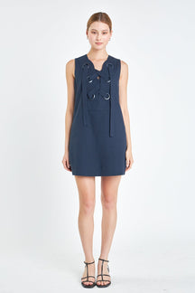 ENGLISH FACTORY - Linen Lace Up Front Dress - DRESSES available at Objectrare