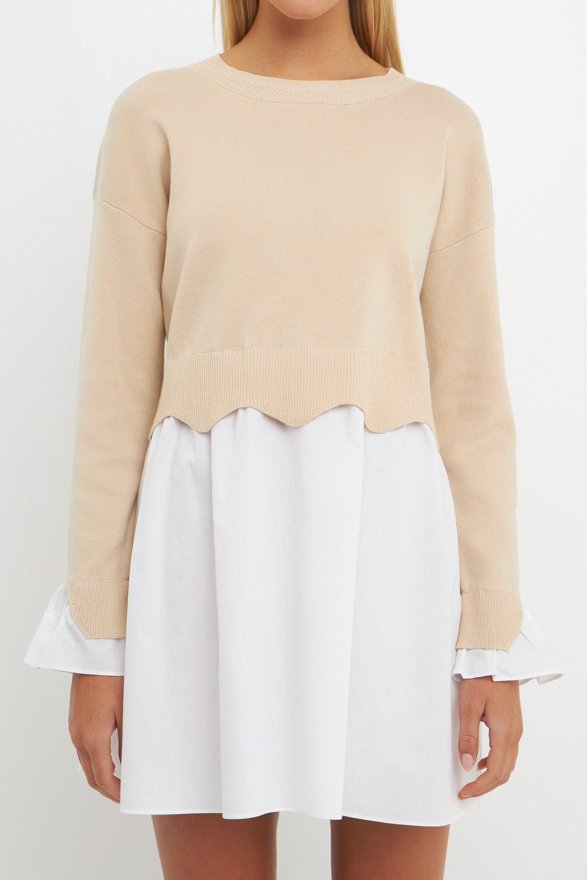 ENGLISH FACTORY - Scalloped Knit Poplin Combo Dress - DRESSES available at Objectrare