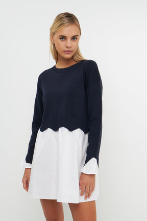 ENGLISH FACTORY - Scalloped Knit Poplin Combo Dress - DRESSES available at Objectrare