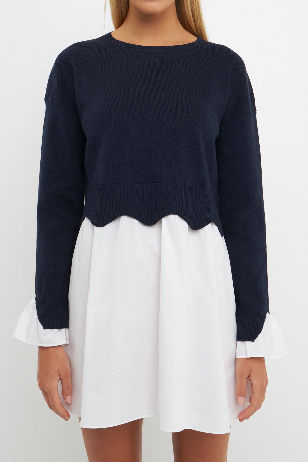 ENGLISH FACTORY - Scalloped Knit Poplin Combo Dress - DRESSES available at Objectrare