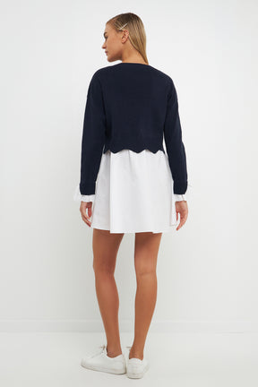 ENGLISH FACTORY - Scalloped Knit Poplin Combo Dress - DRESSES available at Objectrare