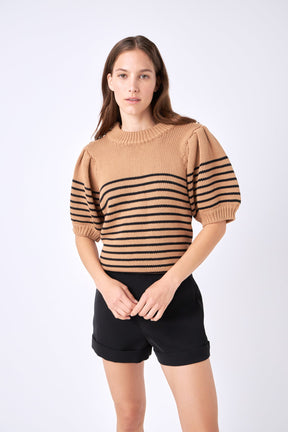 ENGLISH FACTORY - Striped Short Puff Sleeve Sweater with Buttons - SWEATERS & KNITS available at Objectrare