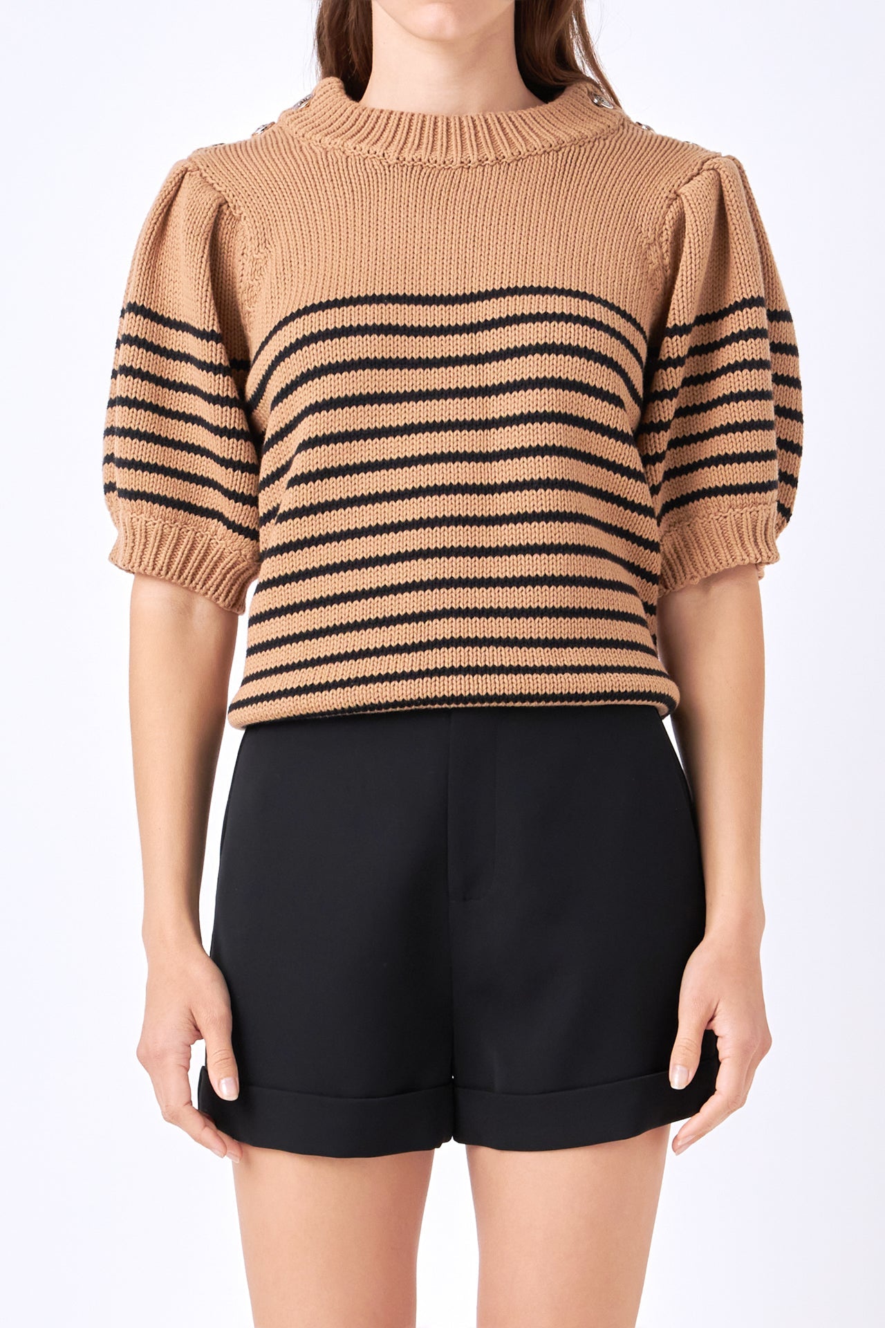 ENGLISH FACTORY - Striped Short Puff Sleeve Sweater with Buttons - SWEATERS & KNITS available at Objectrare