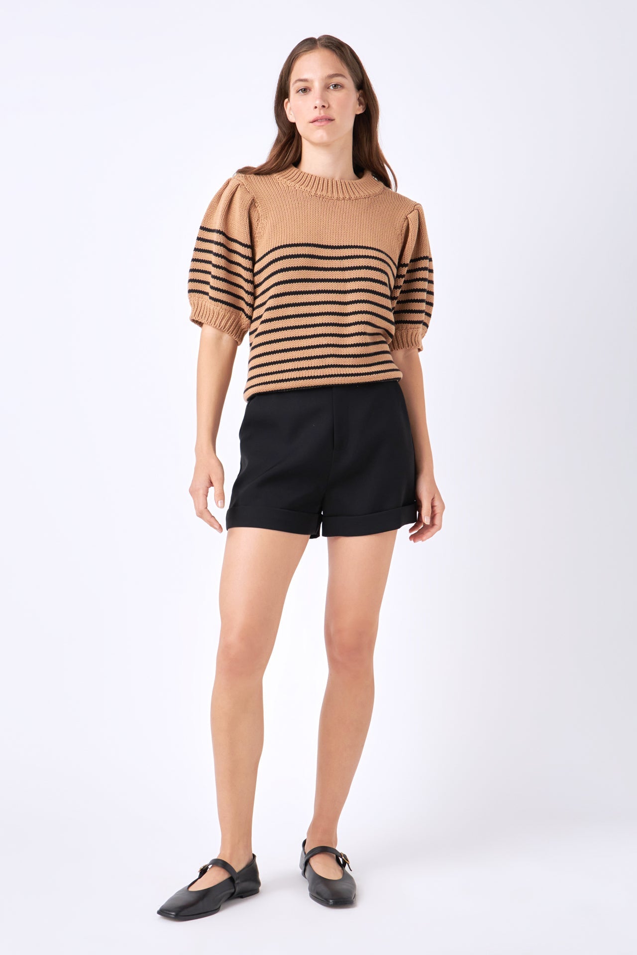 ENGLISH FACTORY - Short Puff Sleeve Striped Sweater with Buttons - SWEATERS & KNITS available at Objectrare
