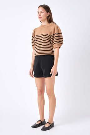 ENGLISH FACTORY - Short Puff Sleeve Striped Sweater with Buttons - SWEATERS & KNITS available at Objectrare