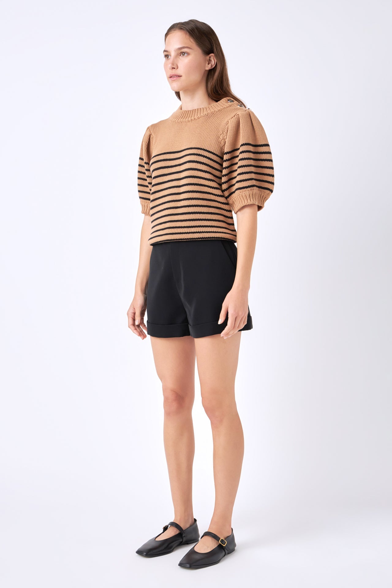 ENGLISH FACTORY - Striped Short Puff Sleeve Sweater with Buttons - SWEATERS & KNITS available at Objectrare