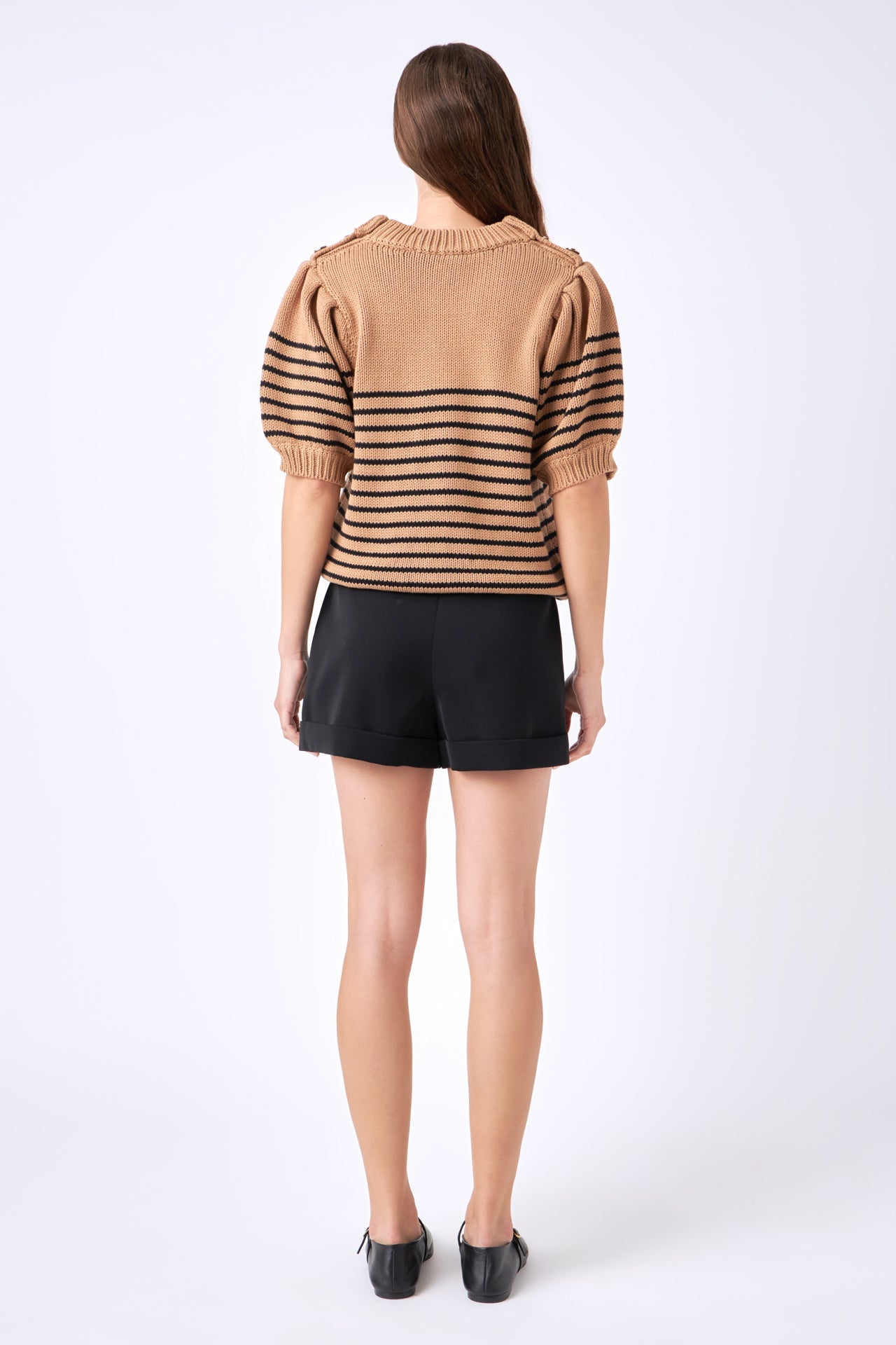 ENGLISH FACTORY - Striped Short Puff Sleeve Sweater with Buttons - SWEATERS & KNITS available at Objectrare