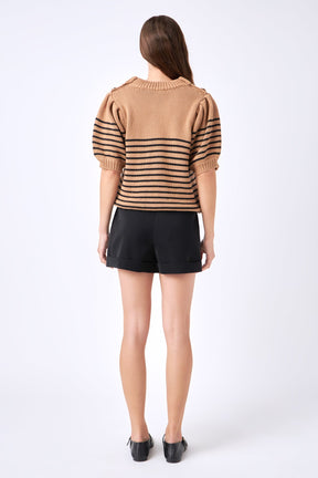 ENGLISH FACTORY - Striped Short Puff Sleeve Sweater with Buttons - SWEATERS & KNITS available at Objectrare