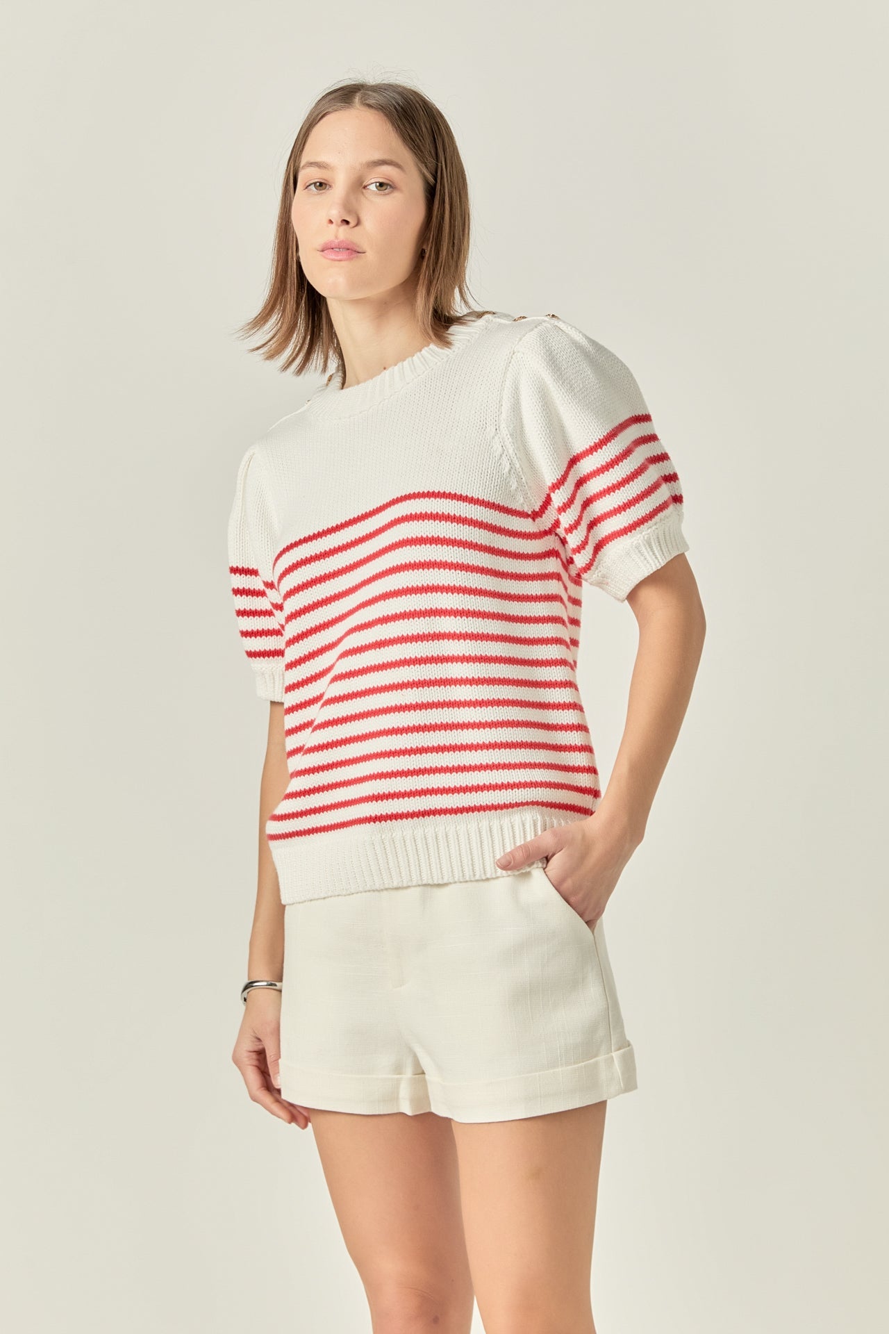 Short Puff Sleeve Striped Sweater with Buttons