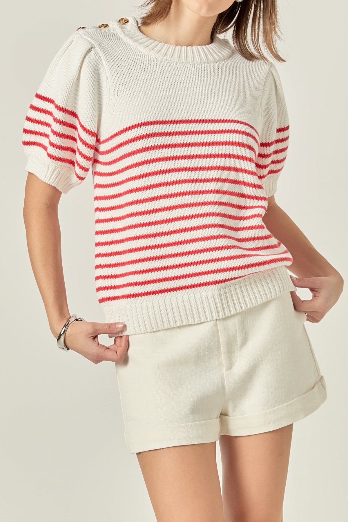 Short Puff Sleeve Striped Sweater with Buttons