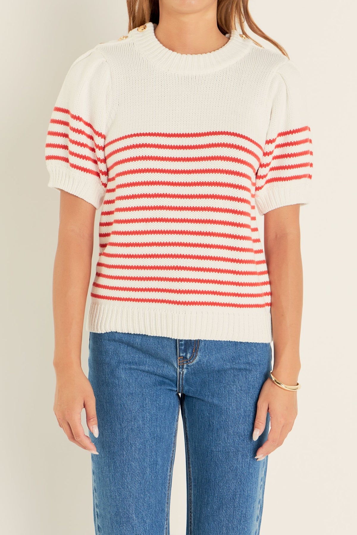 ENGLISH FACTORY - English Factory - Striped Short Puff Sleeve Sweater with Buttons - SWEATERS & KNITS available at Objectrare